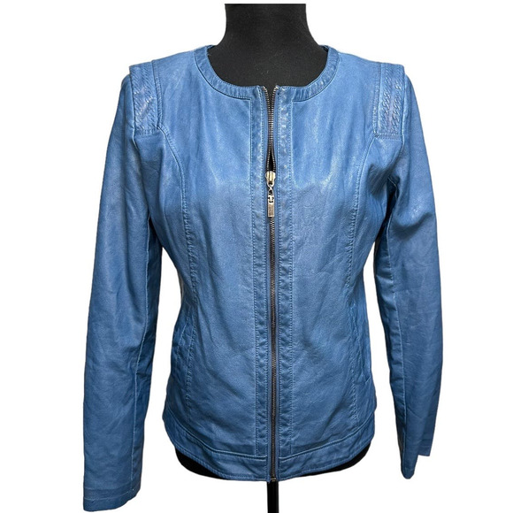 Luii Faux Leather Blue Zip Front Moto Jacket, Size S - Picture 1 of 7